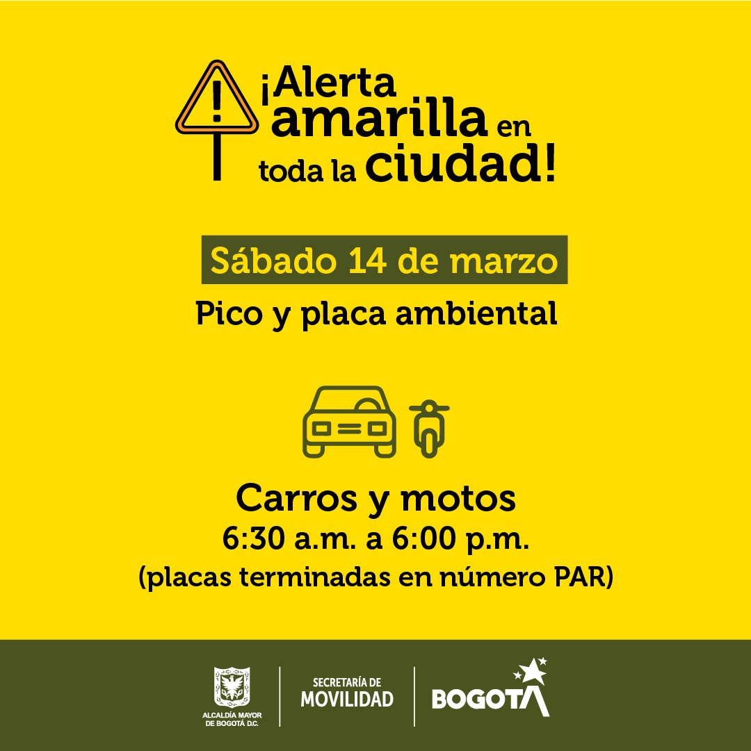 Restricciones vehículos y motos para sábado 14 de marzo. Secretaría de Ambiente Restricciones vehículos y motos para sábado 14 de marzo.
