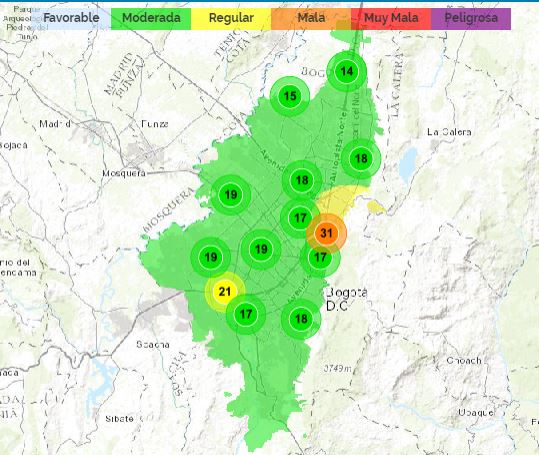 Mapa de Bogotá, estaciones reporte calidad del aire.