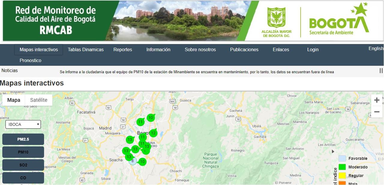 Mapa de Bogotá reporte calidad del aire
