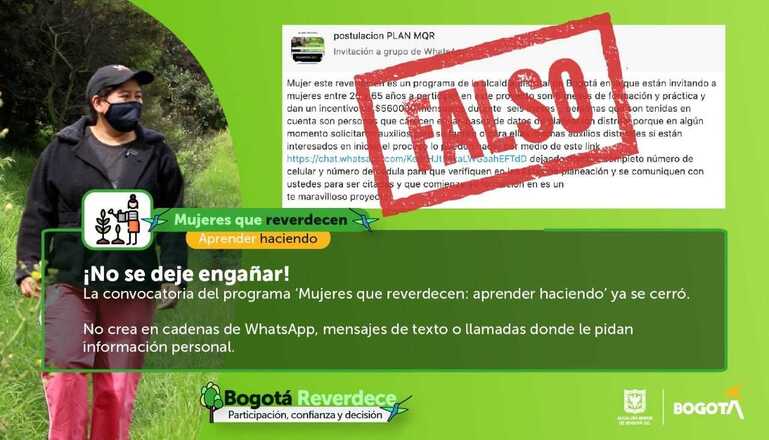Alerta falsa convocatoria proceso Mujeres que Reverdecen