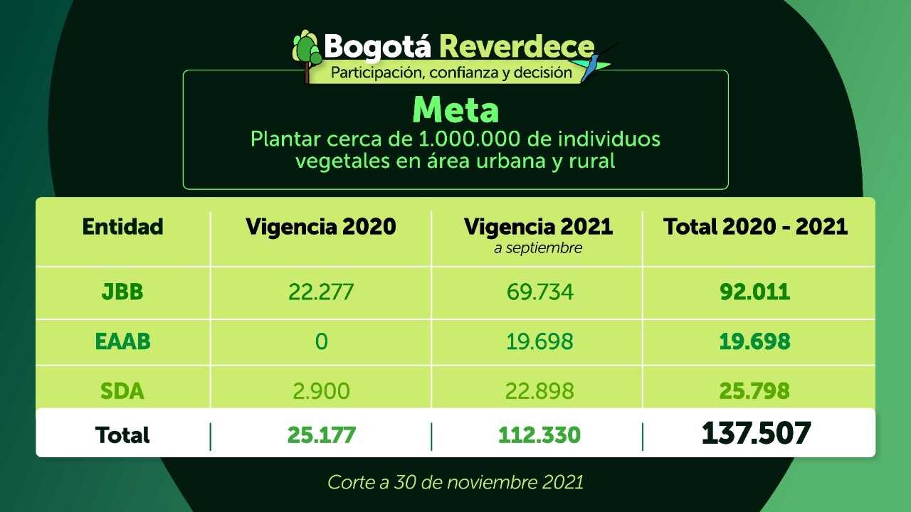 Tabla total de árboles plantados en Bogotá noviembre 230