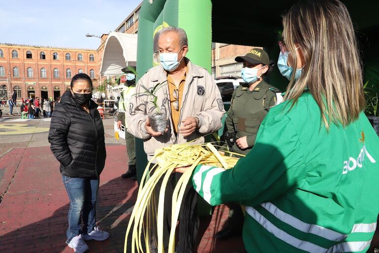 Profesionales de la Secretaría de Ambiente realizando acciones pedagógicas e intercambiando plantas vivas por especies silvestres. Foto: Christian Valenzuela Parra ¿ Comunicaciones Secretaría de Ambiente. Funcionarios en acciones educativas sobre la palma