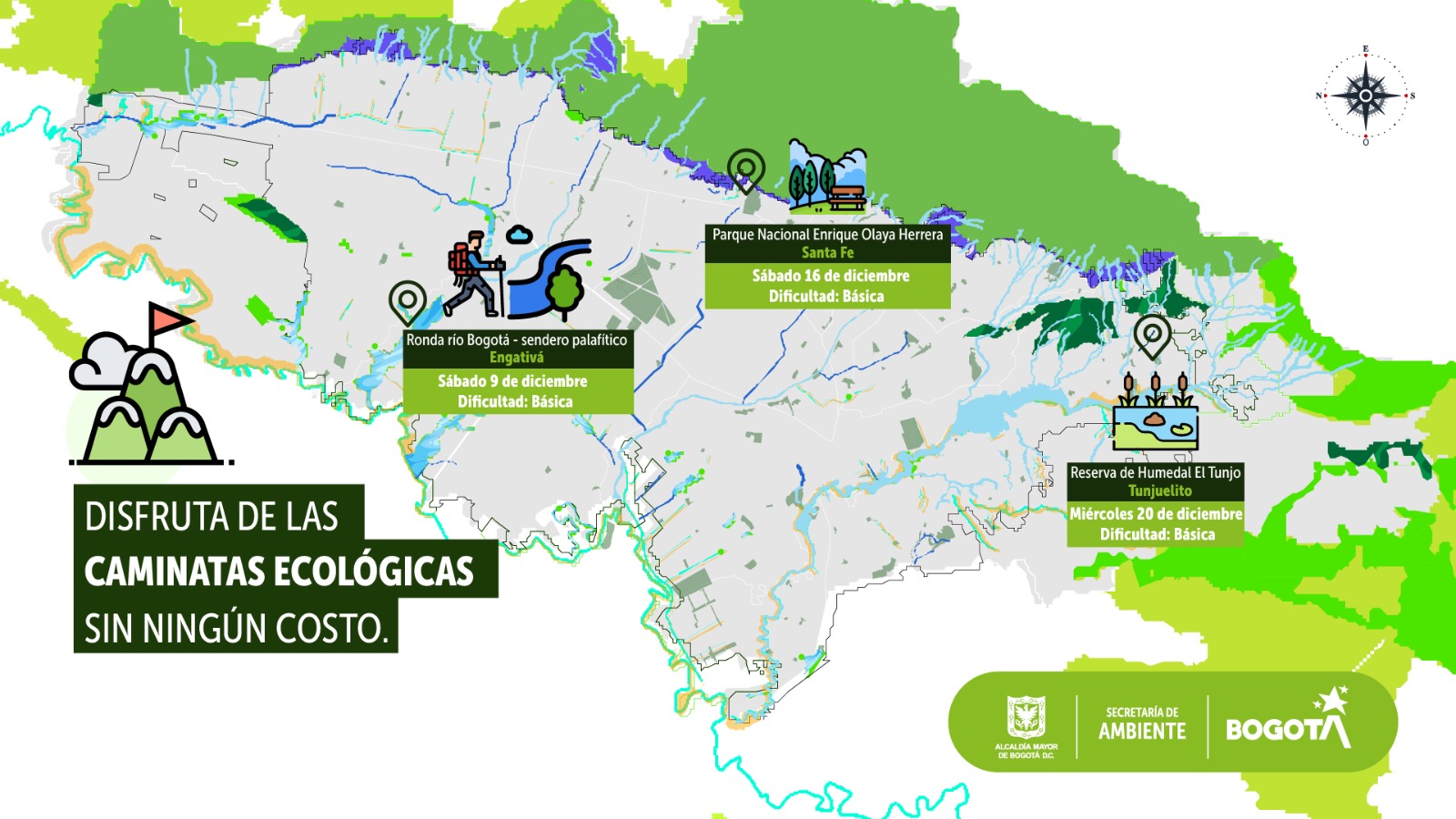 Las caminatas ecológicas en diciembre se realizarán en tres puntos: Reserva Distrital de Humedal El Tunjo, Parque Nacional Enrique Olaya Herrera y ronda del río Bogotá