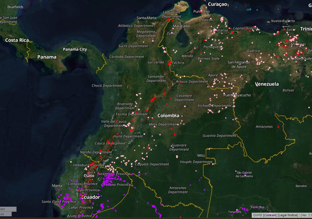 Mapa de incendios en Colombia. Fuente: Global Wildfire Information System