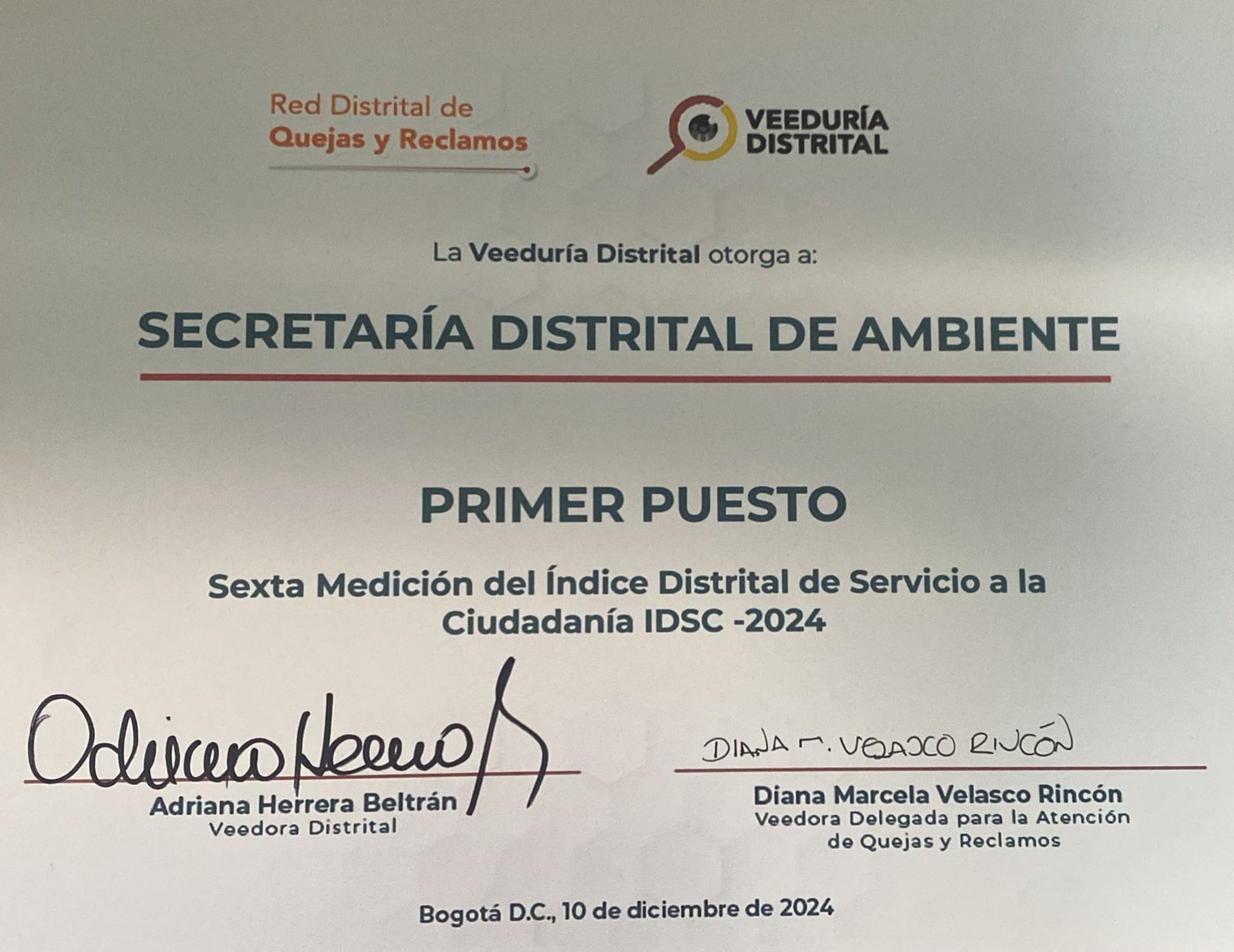 Sexta Medición del Índice Distrital de Servicio a la Ciudadanía IDSC -2024